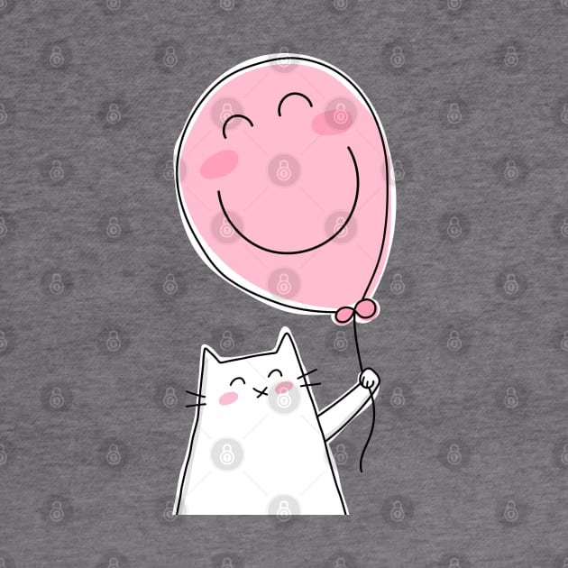 Cat Holding a Pink Smiley Face Balloon by HappyCatPrints